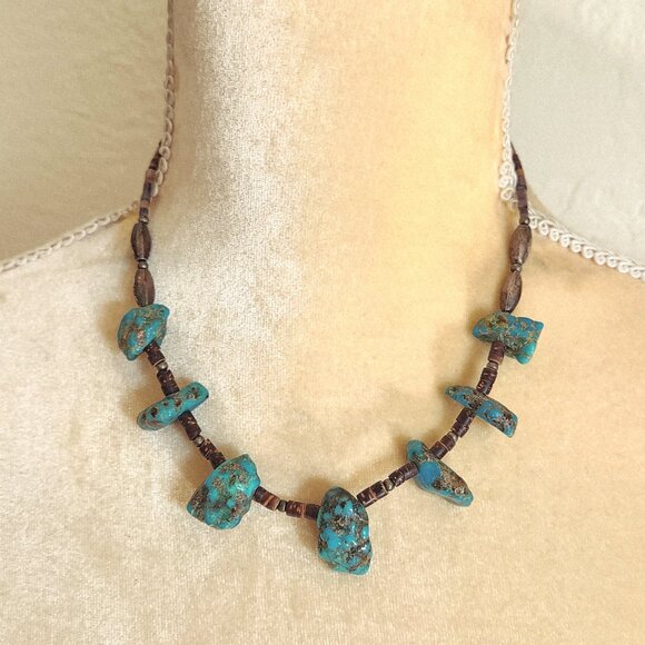 Vintage Native American Raw Turquoise Heishi Southwestern Station Necklace - Picture 1 of 5